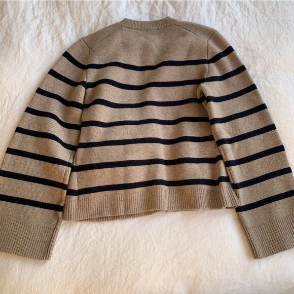 Jenni Kayne Cooper Button Wool Cashmere Knit Cardigan Sweater Taupe Navy Stripe - Picture 7 of 11